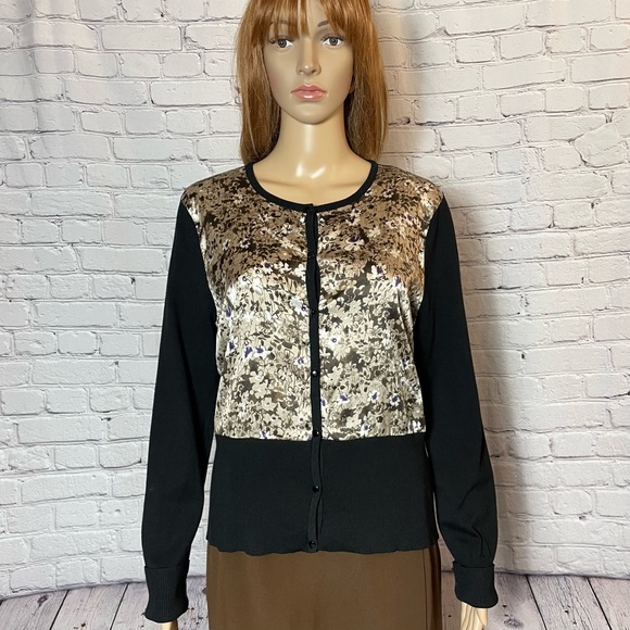 Geoffrey Beene Floral Silk Inset Knit Button Front Cardigan Size XL Runs Smaller - Picture 1 of 7